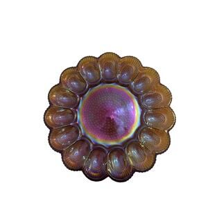 VTG Indiana Glass Hobnail Carnival Amber Iridescent Deviled Egg Plate 11"